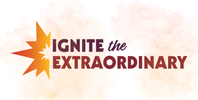Purple and maroon text that reads "ignite the extraordinary" on a white and orange smoky background