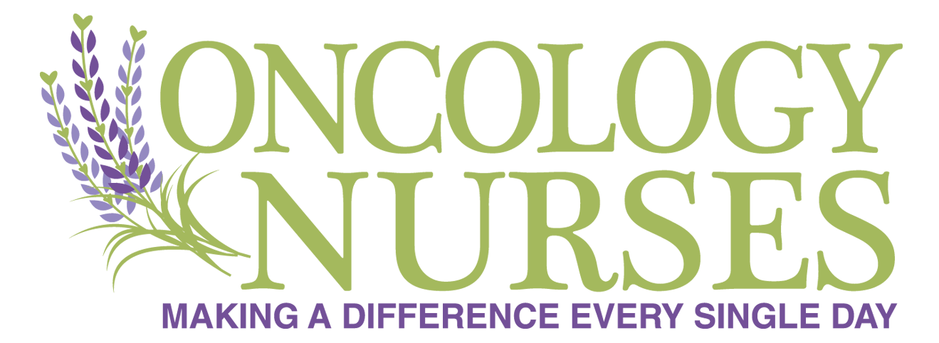 Large green text, "Oncology Nurses", under that smaller purple text "Making a difference every single day". Lavender sprig illustration the the left of the text.
