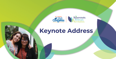 Digital leaf shapes in navy, light blue, and green surrounding title text "Keynote Address"