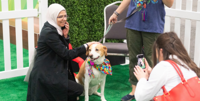 Female Congress attendee wearing a cream colored hijab, kneeling on faux grass next to a tan and white dog