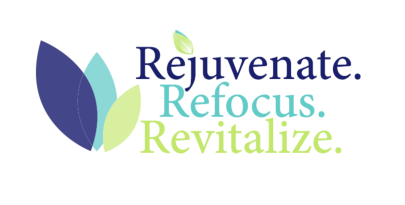 Navy, light blue, green Rejuvenate, Refocus, Revitalize logo